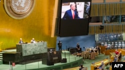 美国总统特朗普2020年9月22日通过视频出席第75届联合国大会一般性辩论（联合国照片）