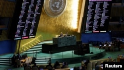 Vote results are displayed during the Eleventh Emergency Special Session draft resolution meeting in the United Nations General Assembly on the 3rd anniversary of the Russian invasion of Ukraine, at the U.N. headquarters in New York, Feb. 24, 2025.