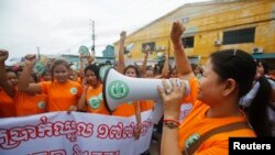 FILE - Cambodian garment workers in Phnom Penh during a protest calling for higher wages.