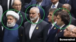 ტერორისტული ორგანიზაციების „ჰეზბოლას“ და "ჰამასის" ლიდერები ნაიმ ყასემი და ისმაილ ჰანიე და საქართველოს პრემიერი კობახიძე, თეირანში