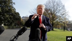 2018年11月29日，总统特朗普在前往布宜诺斯艾利斯举行的20国集团首脑会议前对记者讲话。