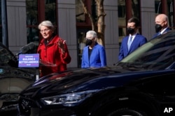 Energy Secretary Jennifer Granholm speaks during an event at the Transportation Department in Washington, Feb. 10, 2022.