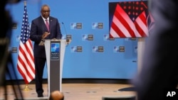 US Secretary for Defense Lloyd J. Austin III speaks during a media conference after a meeting of NATO defense ministers at NATO headquarters in Brussels, Feb. 17, 2022.