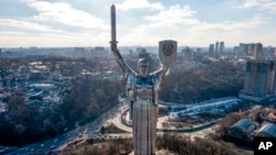 A view of Ukraine's the Motherland Monument in Kyiv, Feb. 13, 2022. 