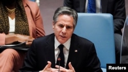 U.S. Secretary of State Antony Blinken speaks during a meeting of the U.N. Security Council on the situation between Russia and Ukraine, at U.N. headquarters in New York, Feb. 17, 2022.