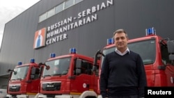 FILE - Viktor Safyanov, co-director of the Serbian-Russian Humanitarian Center, poses for a picture in Nis, Serbia, Nov. 18, 2014. Some Western groups and military analysts see the center as a subtly disguised military base set up by the Kremlin.