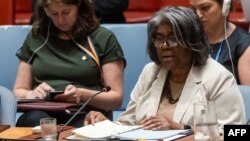 린다 토머스-그린필드 주유엔 미국대사가 20일 사이버 안보를 주제로 열린 유엔 안보리 회의에서 발언하고 있다.