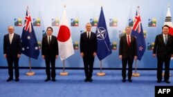 在立陶宛维尔纽斯举行的北约峰会期间，(左起）澳大利亚总理安东尼·阿尔巴尼斯、日本首相岸田文雄、北约秘书长延斯·斯托尔滕贝格、新西兰总理克里斯·希普金斯和韩国总统尹锡悦在北大西洋理事会(NAC)与亚太伙伴的会议前合影留念。（2023年7月12日）