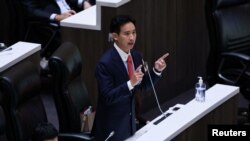 Move Forward Party Leader Pita Limjaroenrat speaks during a voting session for a new prime minister at the parliament, in Bangkok, Thailand, July 13, 2023.