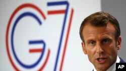 Presiden Perancis Emmanuel Macron dalam konferensi pers di KTT G7 di Biarritz, Perancis, 26 Agustus 2019.