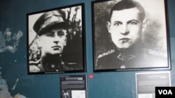 维尔纽斯政治迫害历史纪念馆中有关立陶宛游击队领袖拉曼纳乌斯卡斯-瓦纳加斯的生平介绍，包括他本人，他和妻子、女儿，以及被捕后的照片。