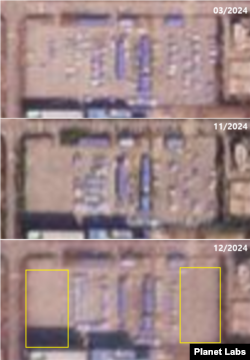 개성공단 버스 차고지를 촬영한 올해 3월(위)과 11월(가운데), 12월(아래)의 위성사진. 12월 동쪽과 서쪽 지대의 버스가 다 사라진 사실을 알 수 있다. 사진=Planet Labs