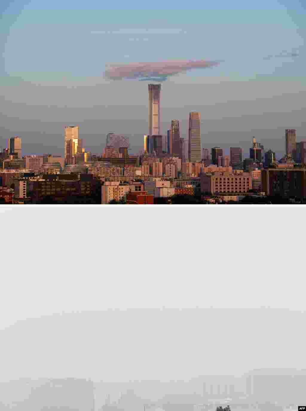 上图:2018年9月6日在北京景山公园拍摄的北京中央商务区。下图:在空气污染严重的2018年10月15日拍摄的同一场景,只在底部能依稀看到楼影。