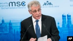 U.S. Secretary of Defense, Chuck Hagel, speaks during the Munich Security Conference at the Bayerischer Hof Hotel in Munich, southern Germany, Feb. 1, 2014.