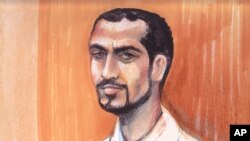FILE - In this artists rendering, Omar Khadr appears in an Edmonton courtroom, Monday, Sept. 23, 2013.