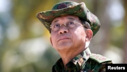 FILE - Myanmar military commander-in-chief, Senior General Min Aung Hlaing, attends a military exercise at Ayeyarwady delta region in Myanmar, February 3, 2018.