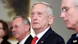 Defense Secretary Jim Mattis listens to a reporter's question during a meeting with Georgian Defense Minister Levan Izoria at the Pentagon, Nov. 13, 2017, in Washington. 