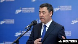 FILE - Kyrgyzstan's President Sadyr Japarov speaks in Bishkek, Kyrgyzstan, April 11, 2021. (Kyrgyz Presidential Press Service/Handout via Reuters)