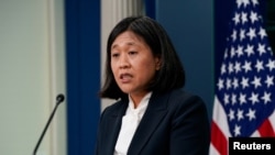 2024年5月14日，美国贸易代表戴琪在白宫举行的新闻发布会上发言。（路透社照片）