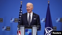 Presiden AS Joe Biden berbicara di markas NATO di Brussel, Belgia Kamis (24/3). 