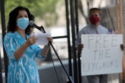 Rushan Abbas, Executive Director of Campaign for Uyghurs, speaks to a group gathered near the White House to call on the U.S. government to respond to China's alleged abuses of the Uighurs, July 3, 2020.