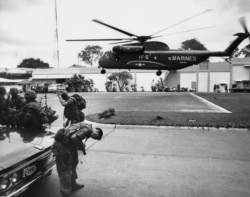 A helicopter lifts off from the U.S. embassy in Saigon during the evacuation of authorized personnel and civilians on April 29, 1975.