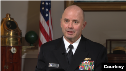 Acting Chief of Naval Operations Admiral Jim Kilby speaks with VOA in an exclusive interview at the Pentagon in February 2025. (Courtesy Adam Greenbaum)