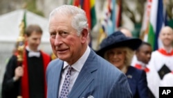 英国王储查尔斯王子和夫人卡米拉在伦敦威斯敏斯特教堂参加完一年一度的英联邦日纪念仪式后离开。（2020年3月9日）