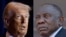 (COMBO) This combination of file pictures created on February 7, 2025 shows US President Donald Trump (L) speaking in Washington, DC, on February 6, 2025, and South African President Cyril Ramaphosa attending Mozambique President-elect Daniel Chapo's ina