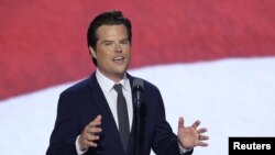 Anggota Kongres AS Matt Gaetz saat berbicara dalam konvensi nasional Partai Republik di Milwaukee, Wisconsin, pada 17 Juli 2024. (Foto: Reuters/Mike Segar)