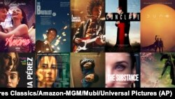 Kombionasi poster dari sejumlah film yang masuk dalam nominasi Film terbaik dalam ajang Academy Awards ke-97. (Foto: Neon/A24/Searchlight Pictures/Focus Features/Warner Bros. Pictures/Netflix/Sony Pictures Classics/Amazon-MGM/Mubi/Universal Pictures via AP)