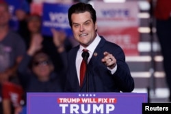 FILE - U.S. Representative Matt Gaetz speaks at a campaign rally for Donald Trump in Henderson, Nevada, on Oct. 31, 2024.