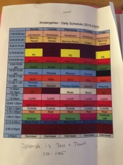 The children participate in their regular school schedule in video conferencing. Here's a look at the schedule. (Eunjung Cho/VOA)
