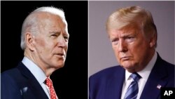 Mantan Wapres AS, Joe Biden, saat berpidato di Wilmington, Delaware, 12 Maret 2020 (kiri) dan Presiden AS Donald Trump di Gedung Putih, Washington, D.C., 5 April 2020. (Foto: dok).
