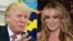 FILE - This combination of file pictures shows U.S. President Donald Trump at the White House, Feb. 14, 2018, and adult film actress Stormy Daniels in Las Vegas, Feb. 4, 2018. 