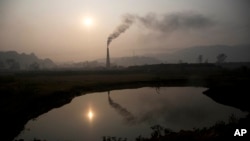 印度一家砖窑厂的大烟囱冒着烟，2015年1月26日