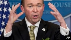 Budget Director Mick Mulvaney speaks about President Donald Trump's budget proposal for the coming fiscal year during the daily press briefing at the White House, March 16, 2017.