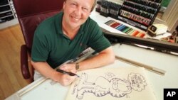Pencipta Garfield Jim Davis menggambar karakter kartun ciptaannya di kantornya di Muncie, Indiana, 1998. (Foto: Dok)