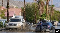 美国加利福尼亚州南部地区受热带风暴希拉里袭击后一些汽车陷入泥中。（2023年8月21日）