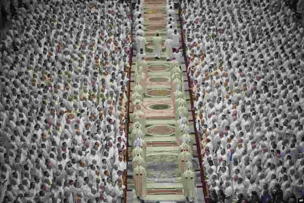 Deacons take part in a mass for their jubilee in St. Peter's Basilica at The Vatican, that was supposed to be presided over by Pope Francis who was admitted over a week ago at Rome's Agostino Gemelli Polyclinic and is in critical conditions. 