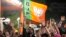 Bharatiya Janata Party supporters shout slogans as they listen to Prime Minister Narendra Modi at the party headquarters in New Delhi, India, on June 4, 2024. The party did not fare as well in parliamentary elections as forecasters and exit polls had predicted.