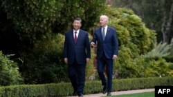 美国总统拜登和中国国家主席习近平在加利福尼亚州伍德赛德举行会晤后一起散步。（资料照片，2023年11月15日）