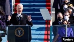 U.S. President Joe Biden delivers his speech after he was sworn in as the 46th President of the United States on the West Front of the U.S. Capitol in Washington, Jan. 20, 2021. 