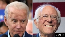 Joe Biden, vice-président ya Etats-Unis ntango ya président Barack Obama (D) mpe sénateur Bernie Sanders, 2 mars 2020.